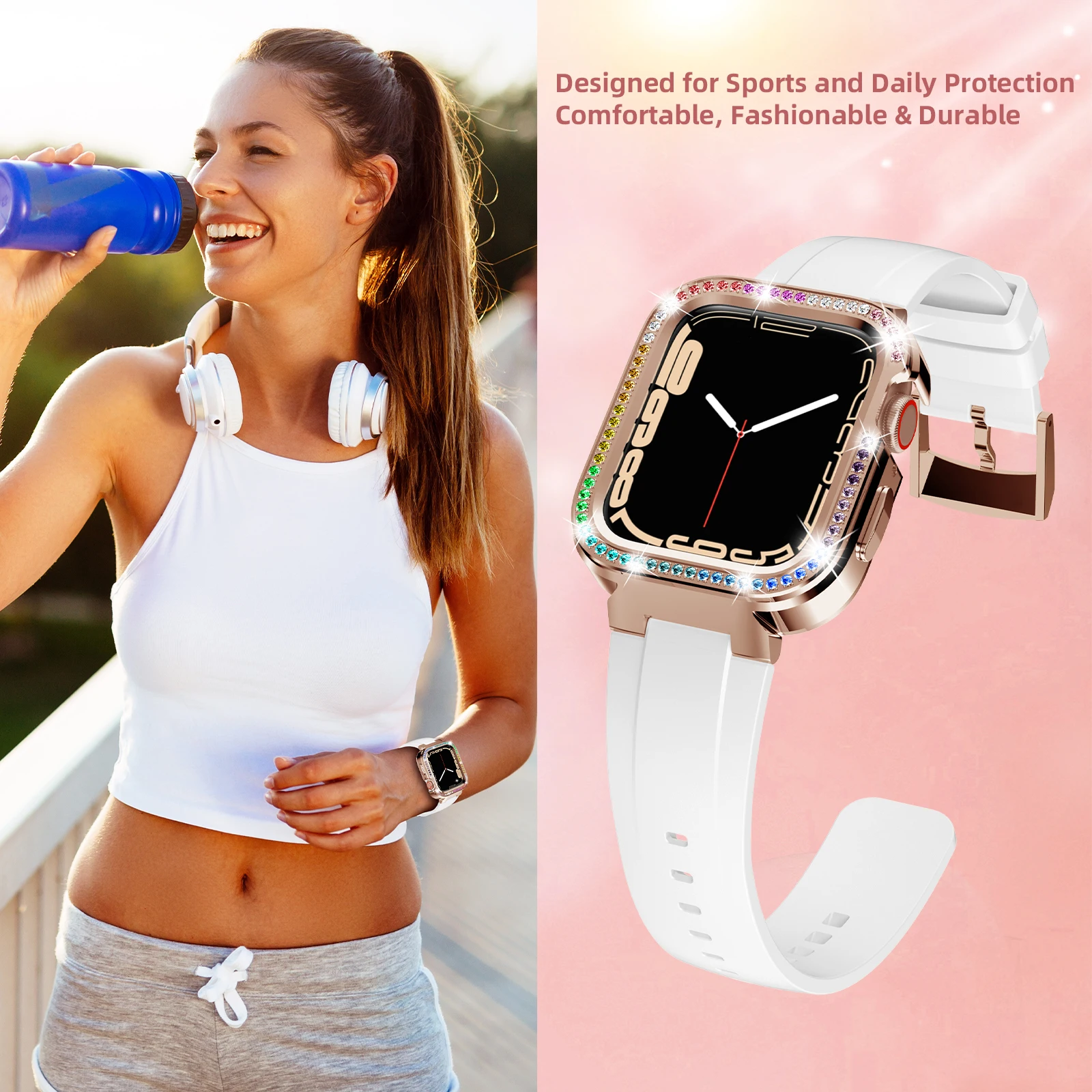 Jewelry Watch Case for Apple Watch Band 7 40mm 41mm Rubber Strap Loop Bracelet Diamond Watchband for IWatch Series 7 6 5 4 3 SE