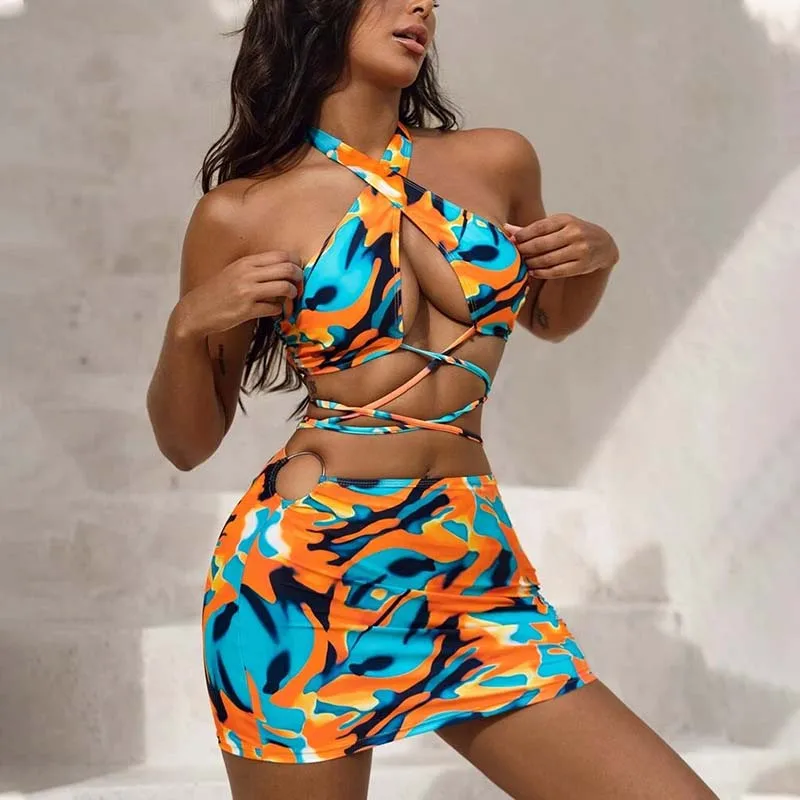 

Women 3 Piece Halter Criss Cross Cut Out Cover Up Skirt Bikini Swimsuit