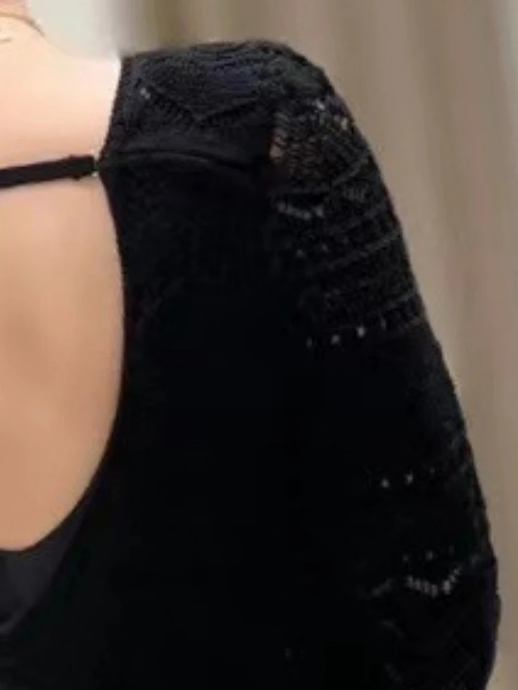 

2023 Summer New Women Black Hollow Crochet Long Knitted Dress