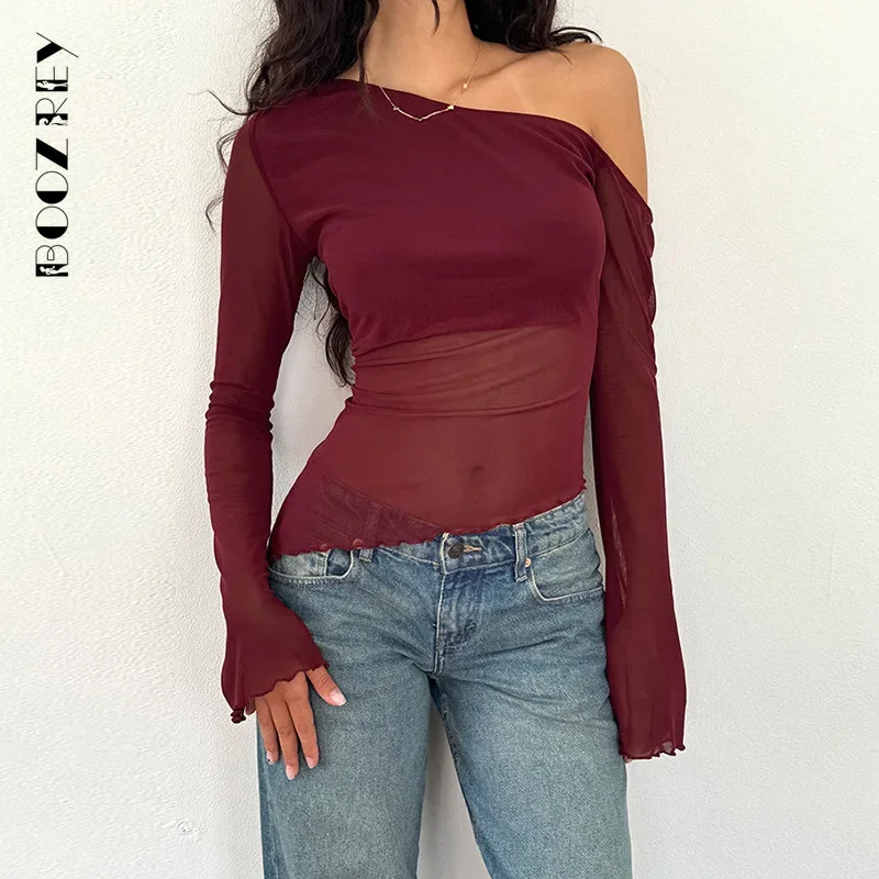 BoozRey 2024 Осень новинка косые плечи сетка без бретелек с длинным рукавом однотонный