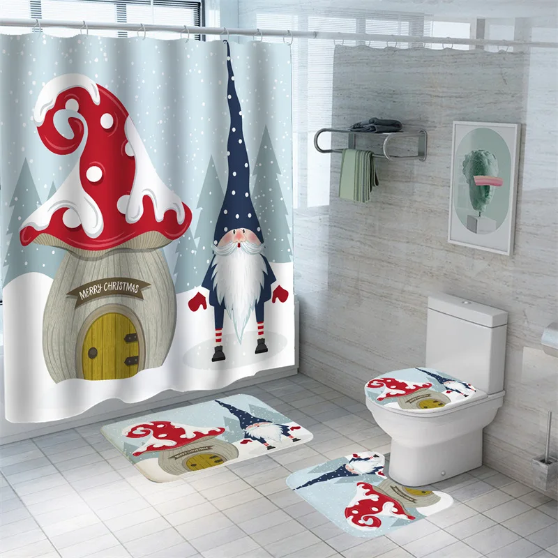 

Cartoon Santa Claus Shower Curtain Waterproof Snowman Bath Mat Set Happy Chrismas Toilet Rugs High Quality Carpets Home Decor