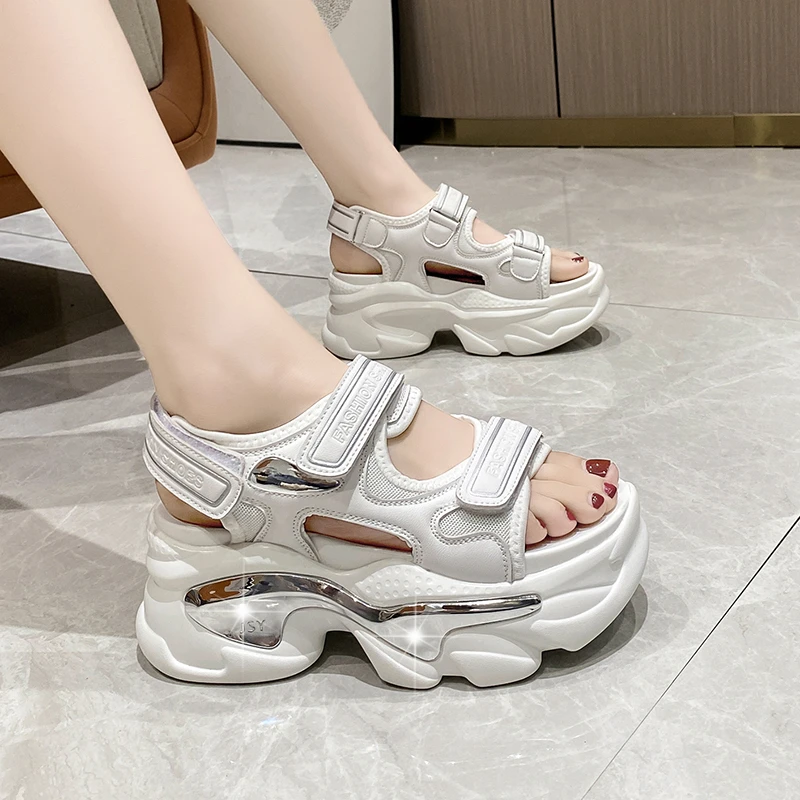 Women Chunky Sandals Sequin Summer Designer Open Toe Hook Loop Slippers 7CM High Heels Mesh Sandals Casual Woman Wedges Sneakers