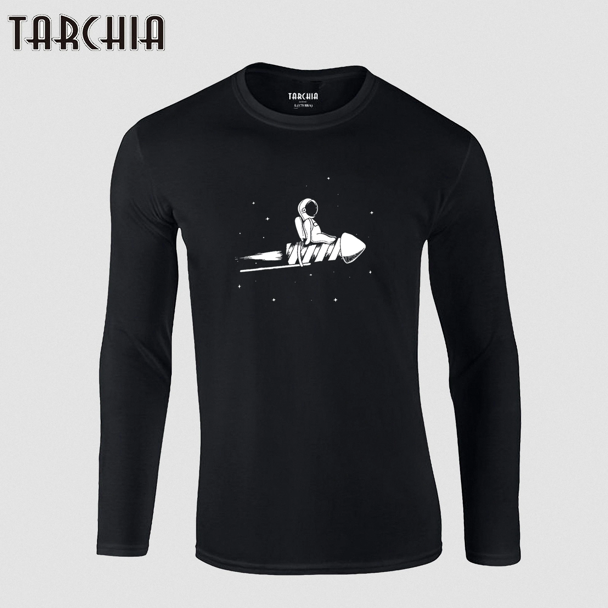 

TARCHIA 2023 Long Sleeve Astronauts ride rockets Autumn Print Shirts Homme Slim Fit Brand Mens T-Shirts New Cotton Tops Men Tee