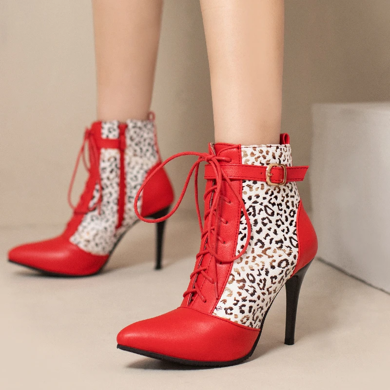 Женские ботильоны на высоком каблуке красные белые полуботинки со шнуровкой