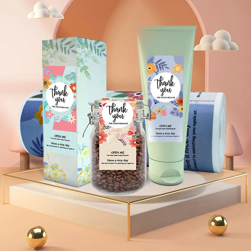 

150pcs/ Roll Flower Pattern Thank You for Your Purchase Sticker Sealing Labels Small Shop Gift Package Decor Rectangle Stickers