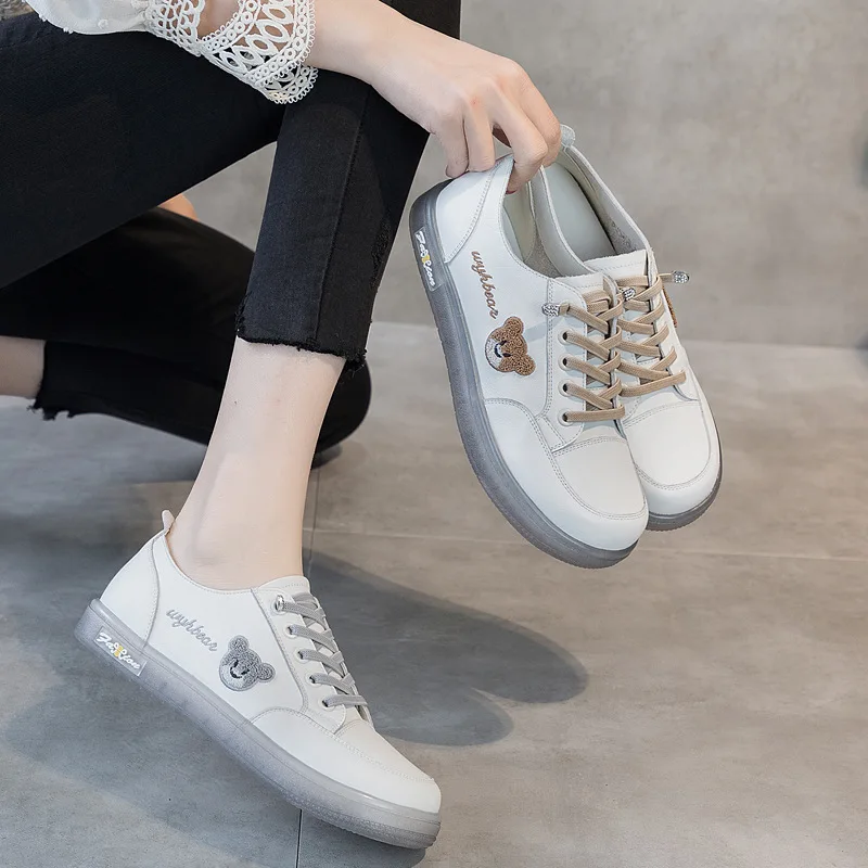 Women Flat Shoes  Sneakers Genuine Leather Lace Solid Color Non-slip Breathable  Casual