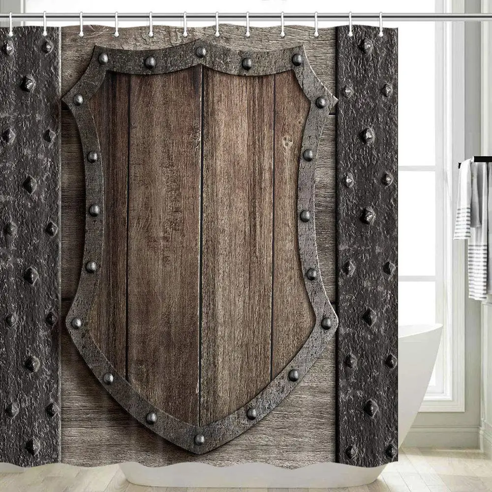 

Medieval Shower Curtains Rustic Wood Shield on Medieval Castle Gate Bath Curtain Wooden Door Historical Vintage Home Bathroom