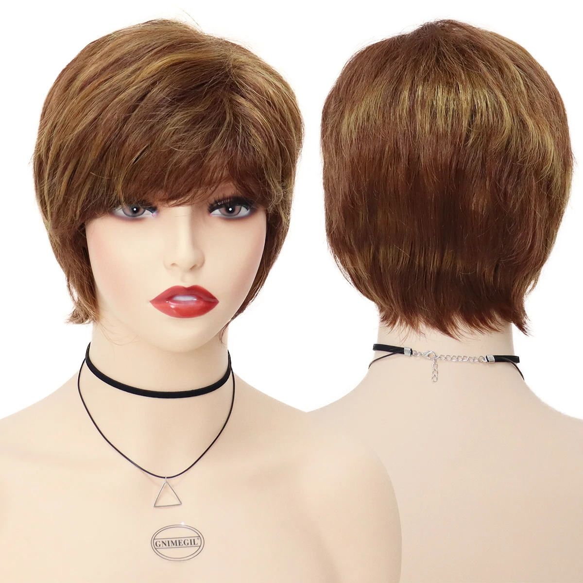 

GNIMEGIL Synthetic Wigs for White Women Short Bob Wig with Bangs Auburn Mix Brown Color Wigs Ladies Natural Mommy Wig Female