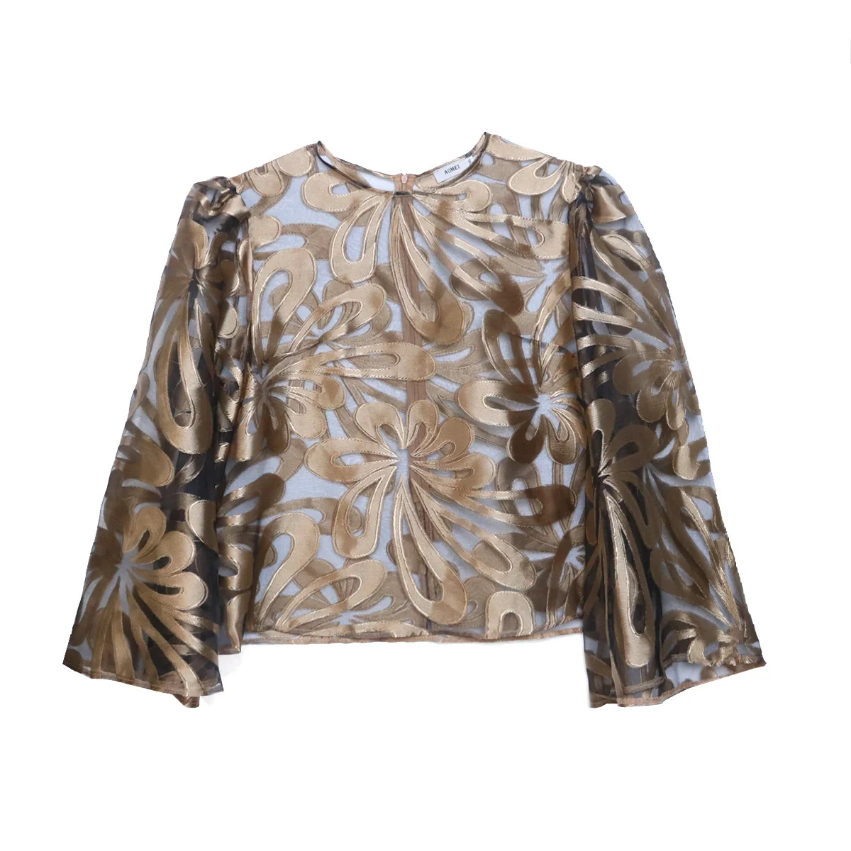 Plus Size New Sexy Perspective Gold Plated Round Neck Long Sleeve Elegant Top Fashion Shoulder Loose Women's Top New 2023