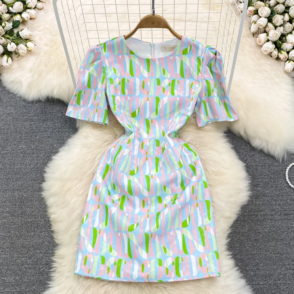 

2022 Summer New French Fashion Temperament Elegant Round Neck Bubble Short-sleeved Slim Slim Printed A-line Dress Summer Dress