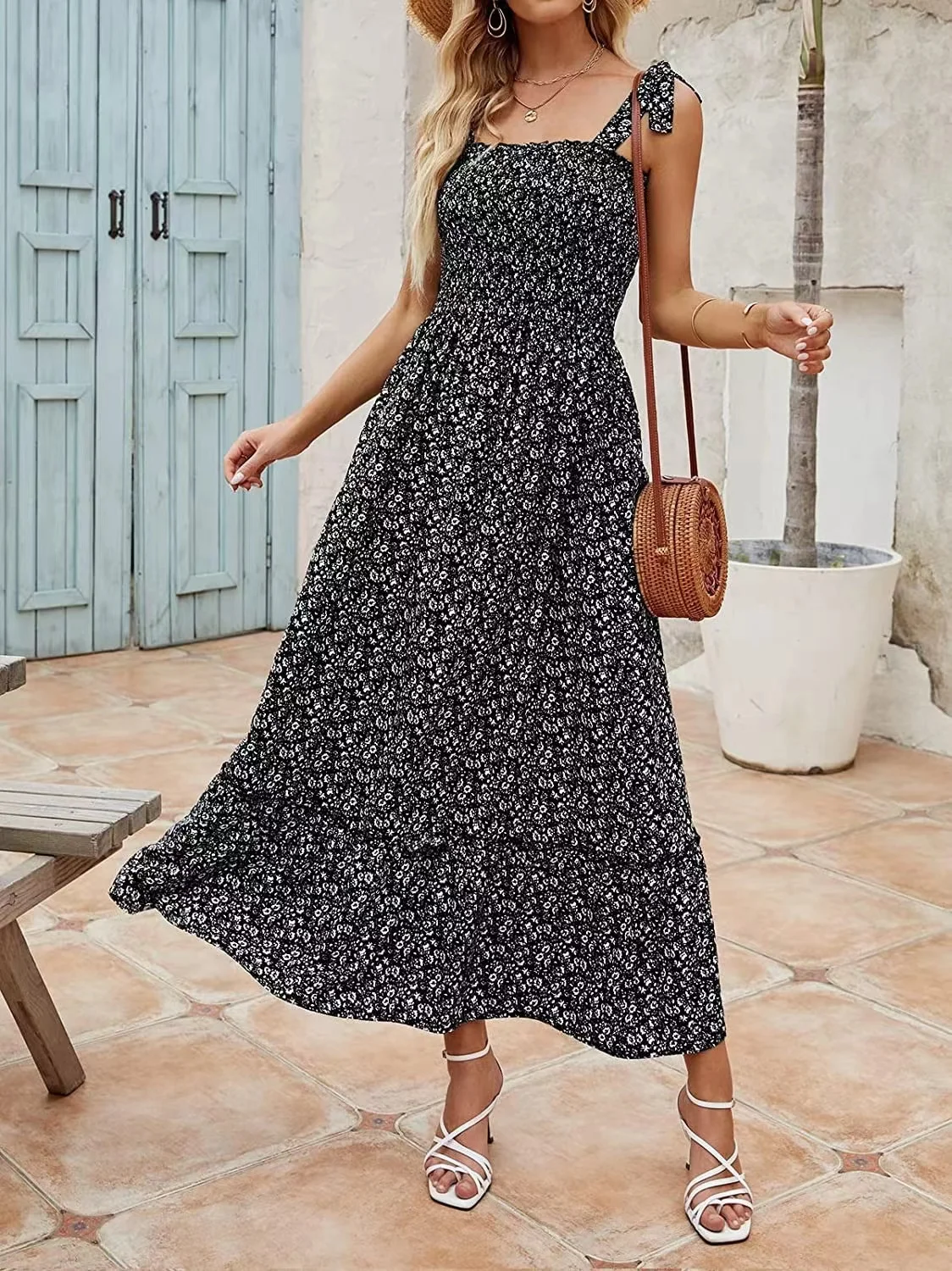 

2022 New Spring Summer Women Floral A Line Print Vintage Sleeveless Elegant Casual pastoral style Sundress Long Dress