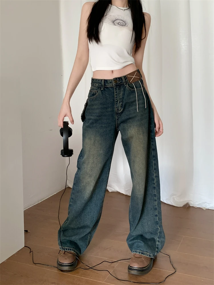 

Distressed High-waisted Straight Jeans Women's Spring Summer Casual Simple Neutral Chic Wide Leg Pockets Denim Trousers Femal