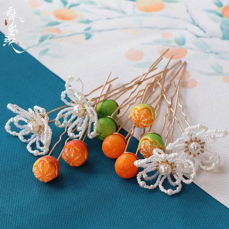 

Orange Han Chinese Clothing Hair Accessories Embellished Hair Clasp Cute Hairpin Headdress Cheongsam Accessories Daily Headdress