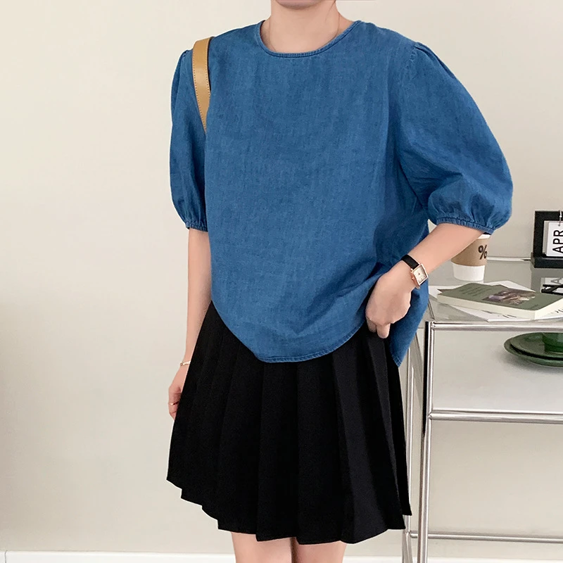

Summer Denim Shirt Elegant Sweet Plain Back Lace-up Hollow Out Casual Shirts Women Half Puff Sleeve Blouses Girls Tops Blue