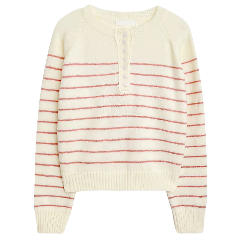 

Простой полосатый удобный мягкий пуловер с открытым воротником вязаный свитер