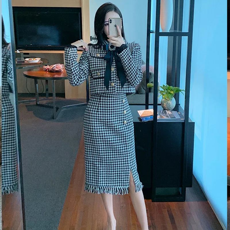 2022 Autumn Winter Houndstooth Women 2pc Skirt Sets Temperament Korea Style  Two-piece Suit Female Long Sleeve Bowtie Coat+Skirt