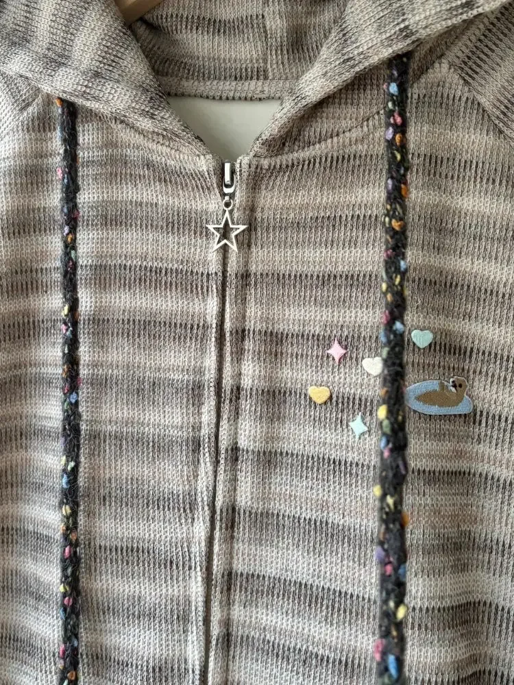 QWEEK Y2k Kawaii полосатый кардиган оверсайз японский Harajuku свободный осень 2024 милый