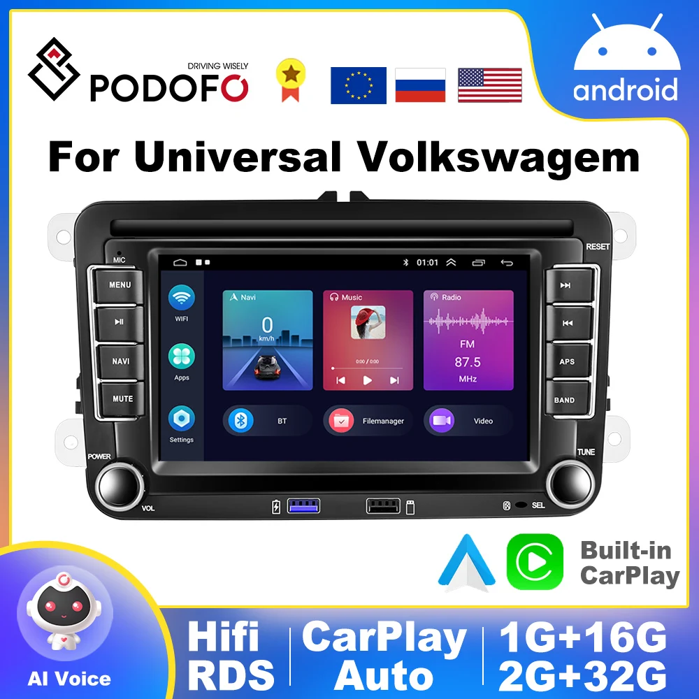 Podofo AI Android 10 0 для VW Volkswagen Golf Polo skoda Октавия Рапид Tiguan Passat b7 2 Din Автомобильный