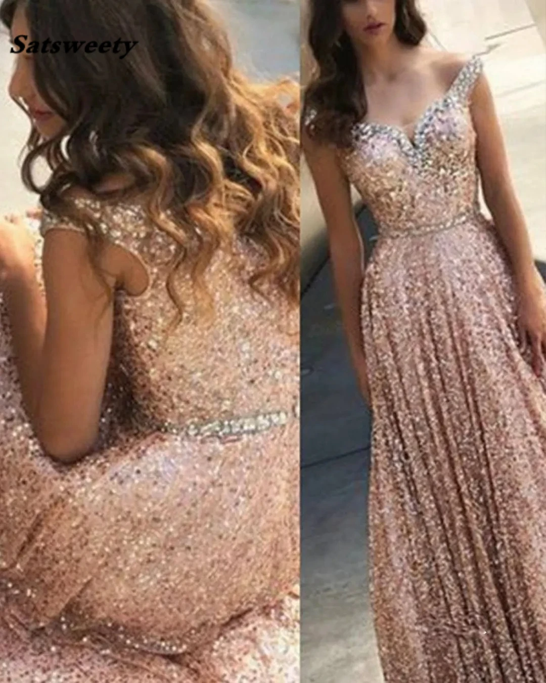

Fashion Rose Gold Sequined Bling Prom Dresses Evening Gowns off the shoulder Beaded Backless Crystal Cocktail Pageant Dress