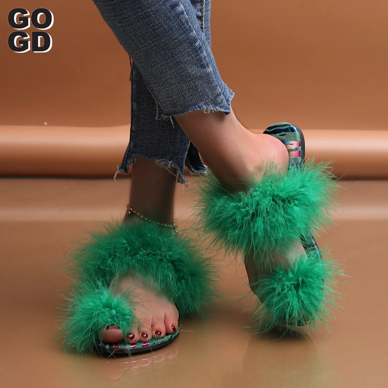 

[GOGD]2022 Summer New Color Plush Slippers Furry Slides Women Fluffy Slippers Outdoor Shoes Crystal Beach Sandals Flip Flop Flat