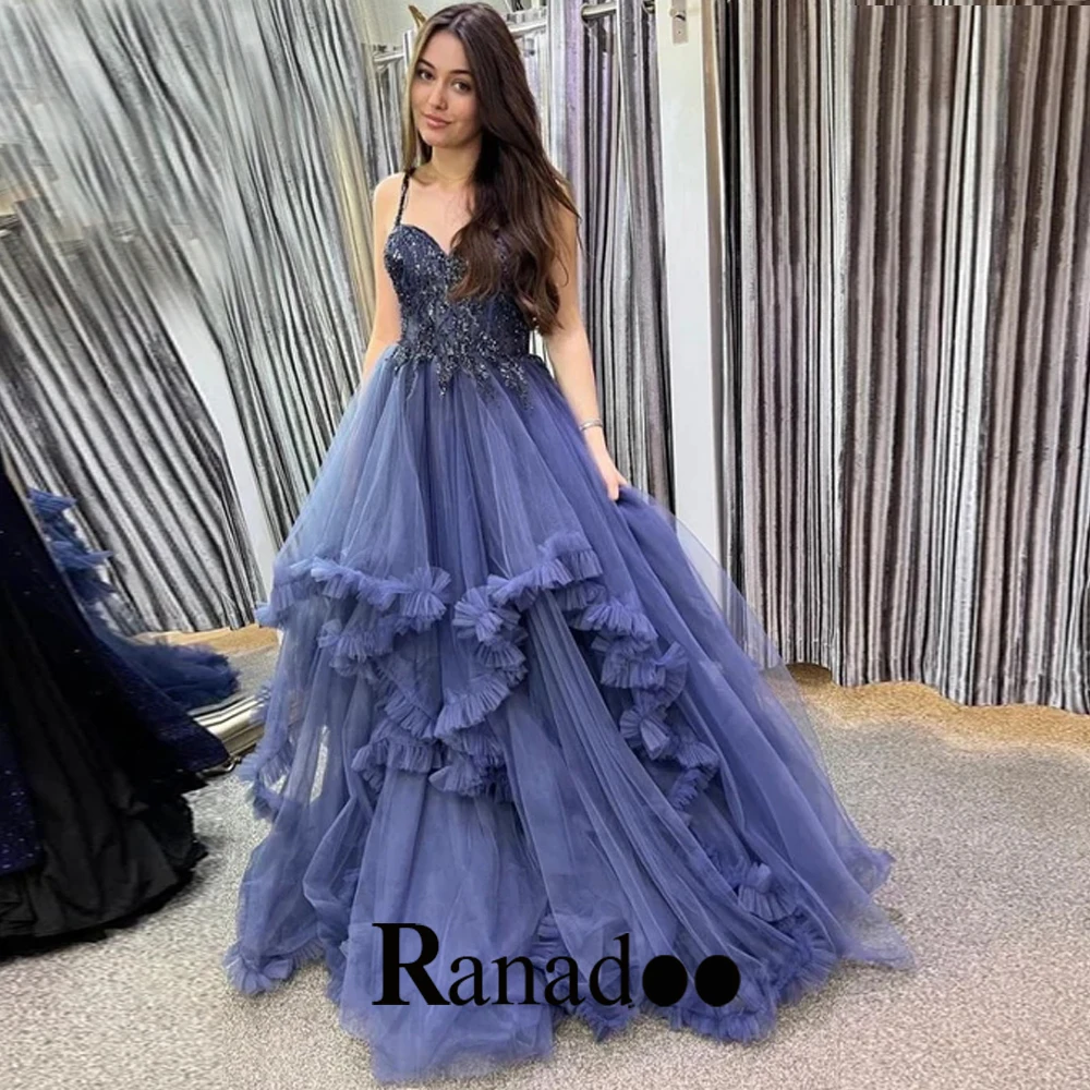 

Ranadoo Droped Tulle Evening Dresses Women Spaghetti Strap V Neck Appliques Sleeveless Floor Length Formal Evening Custom Made