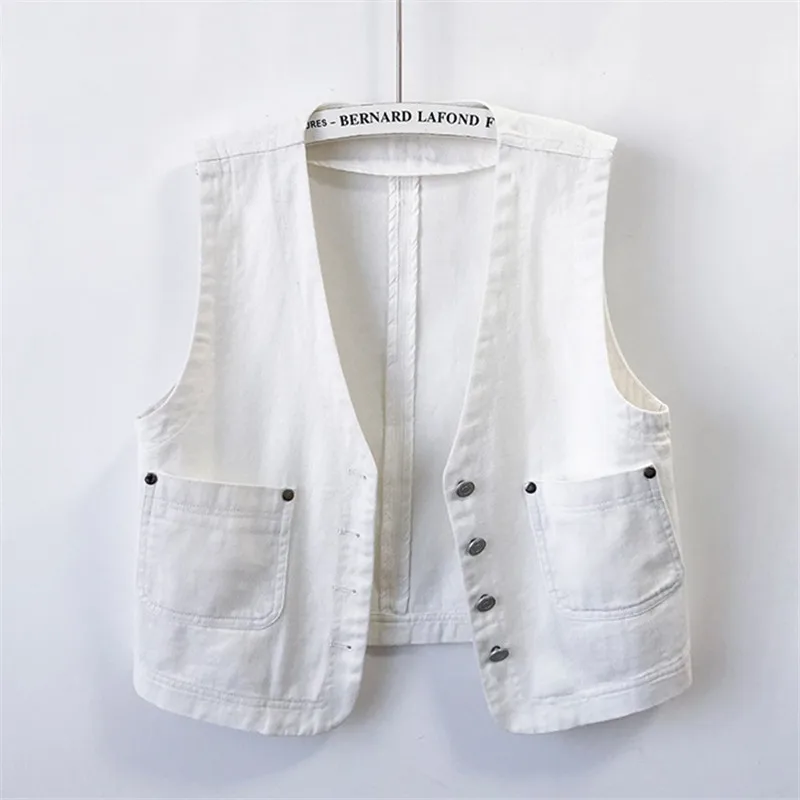 

Blue White Denim Vest Women Waistcoat Casual Slim Short Cowboy Sleeveless Jacket Coat Summer V Neck Pocket Jeans Vests Female