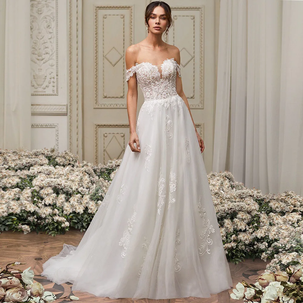 

Off The Shoulder Wedding Dress For Women 2022 Sweetheart Backless Bridal Gowns Boho Appliques Beading Sequined Vestido De Novia