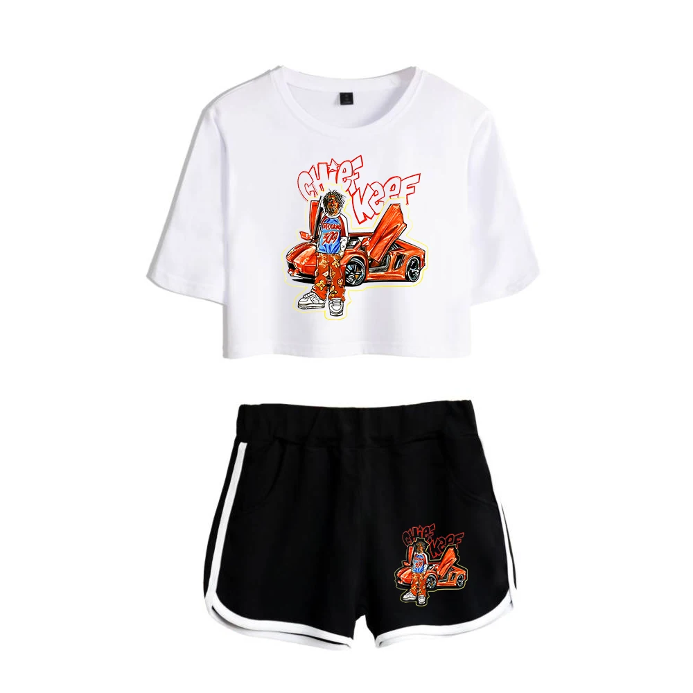 Chief Keef Merch Two Piece Set Short Sleeve Cropped Top Navel Tee+Shorts 2023 Harajuku Streetwear Women's Sets