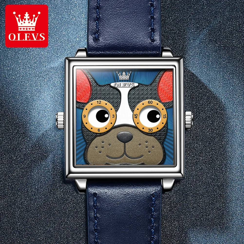 OLEVS Original Trendy Quality leather Strap Watch for Men Quartz Waterproof Fashion Wristwatch Cartoon Dog Creative Watches