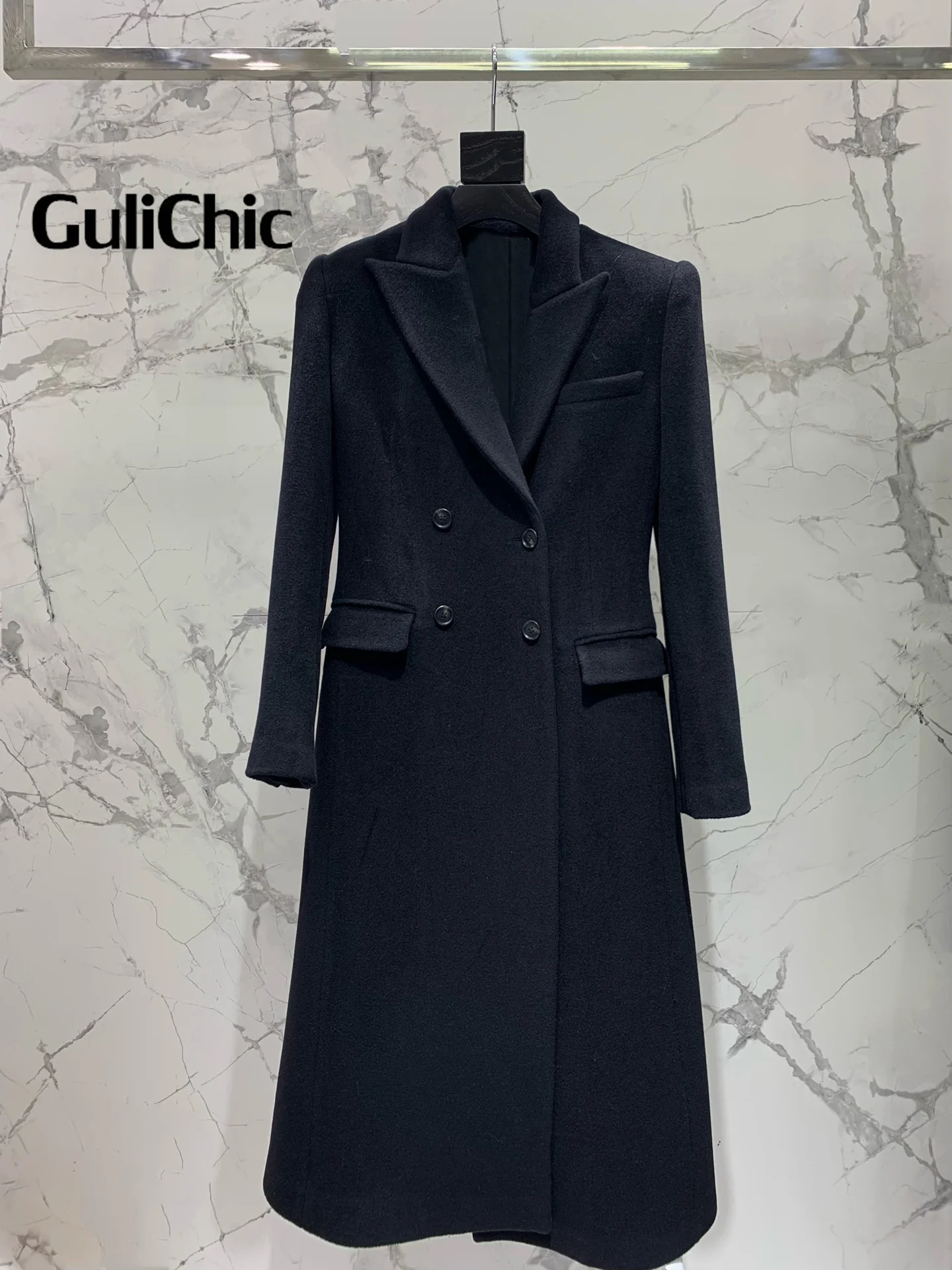 11 12 GuliChic Женская одежда Высокое качество Двубортное шерстяное пальто с лацканами