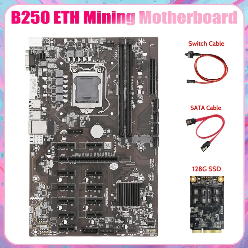 

Материнская плата для майнинга HOT-B250 ETH + 128G MSATA SSD + кабель SATA + кабель переключателя LGA1151 DDR4 12x слот для графической карты SATA для майнинга BTC