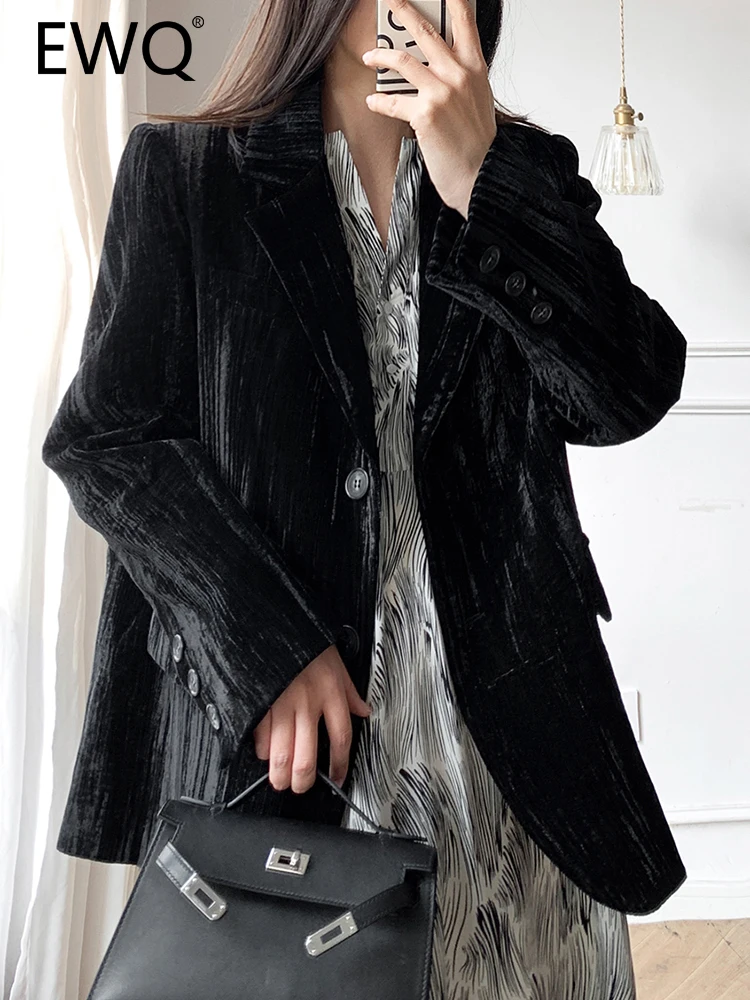 

EWQ High End Velvet Blazer For Women Black Notched Single Breasted Long Sleeve Office Jackets 2023 Autumn New Clothing 26D4594