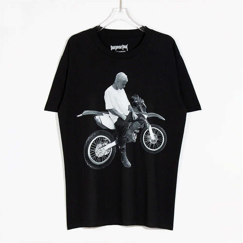 

2023 Bieber Vintage Style Portrait Oversize Casual Loose High Street Wearing Perform Short Sleeve Wahsed T-Shirt Ins Trend