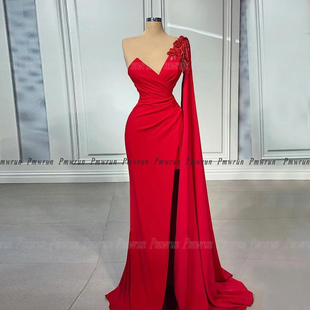 

Sexy Red Mermaid Prom Dresses Floor Length Split Sleeve Bead Applique Side Slit Charming Evening Party Gown For Woman Custom