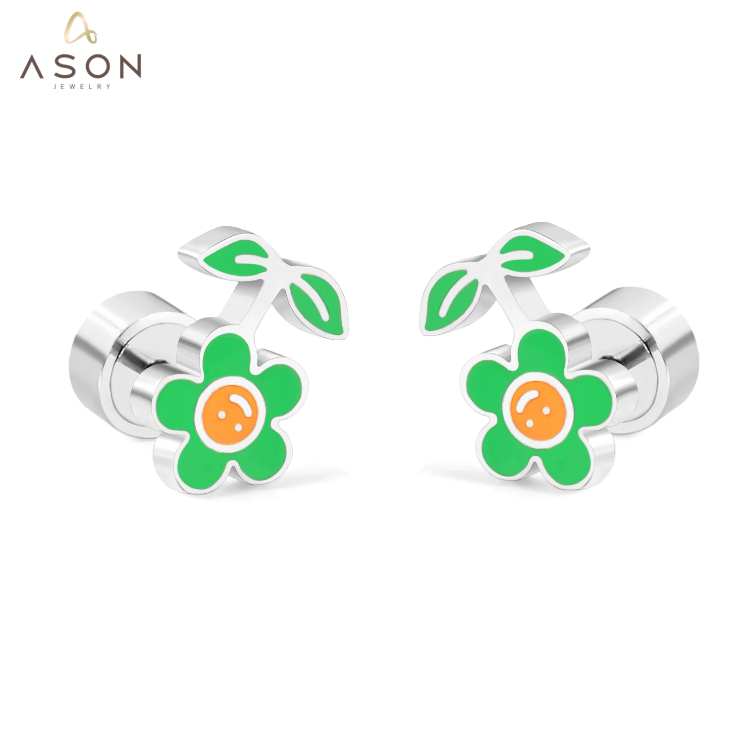 

ASONSTEEL Lovely Children's Stud Earrings 316L Stainless Steel Green Flower Leaf Cartoon Small Earrings for Girl Gifts Jewelry