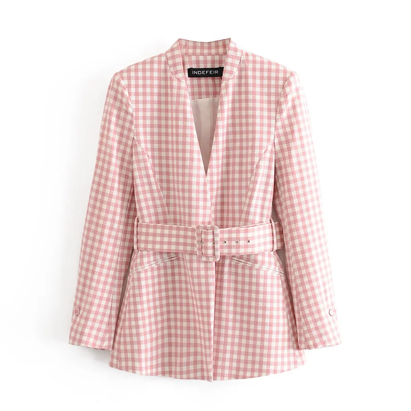 Pink Sweet Plaid Blazers with Free Sashes Women Cute Buttonless Plaid Casual Office Blazer Suit 2021 New Y2k Girl Chic Work Suit