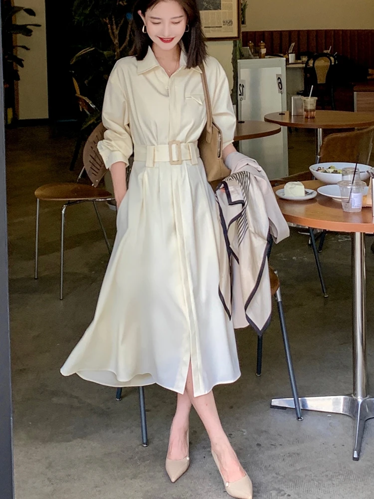 

2022 Summer New Women One Piece Fashion Elegant Long Sleeve Casual Midi Shirt Dresses Female Spring Clothes Vestdios