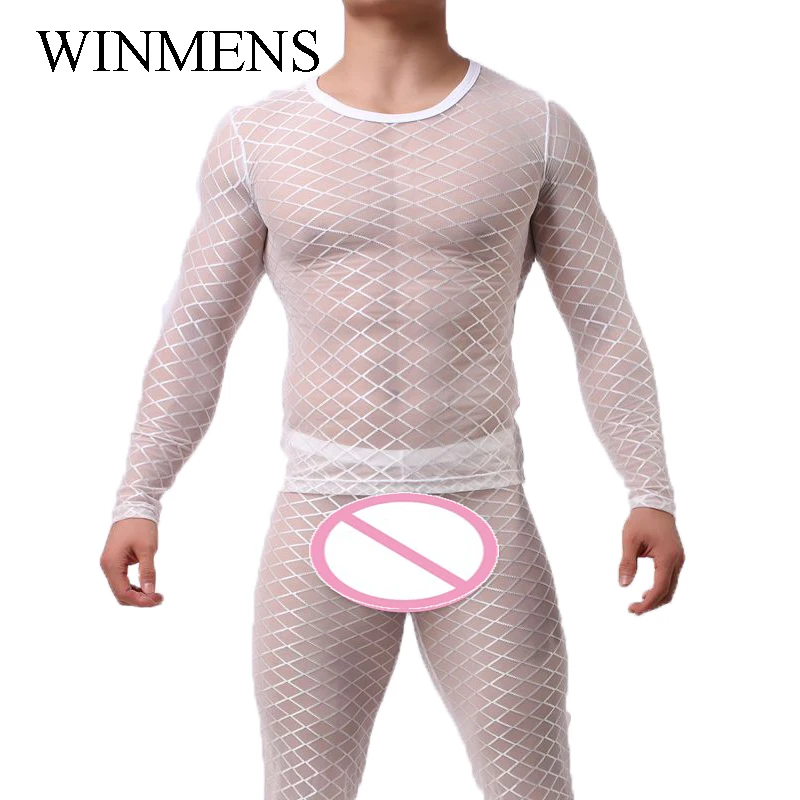 Мужские прозрачные майки с длинными рукавами дышащее сетчатое нижнее белье в