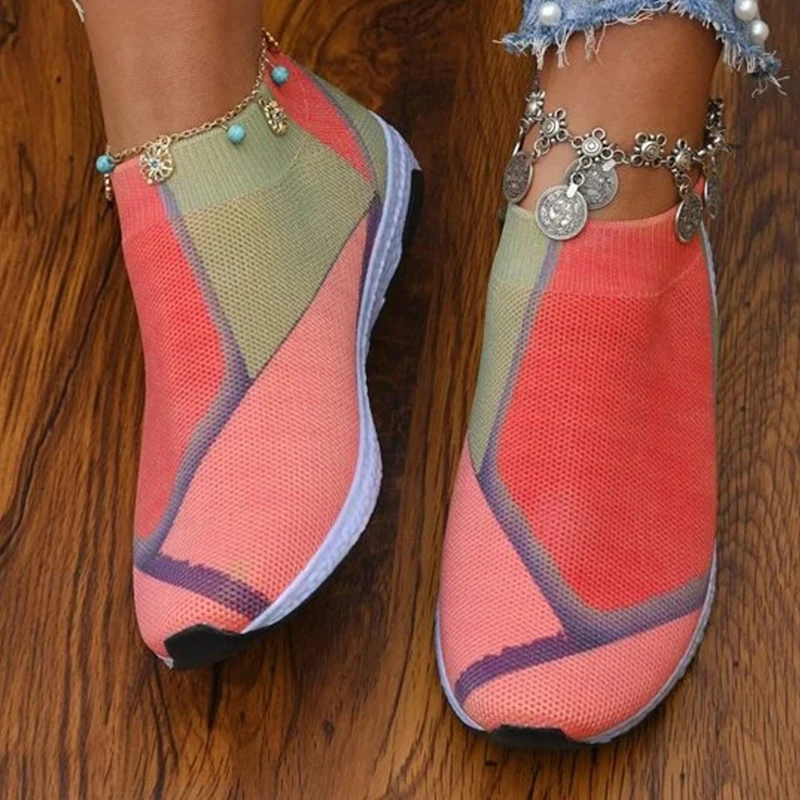 Fashion Color Matching Women Sneakers Breath Mesh Sock Shoes Lace Up Flat Heel Lightweight Sole Leisure Shoes Running 2023 New