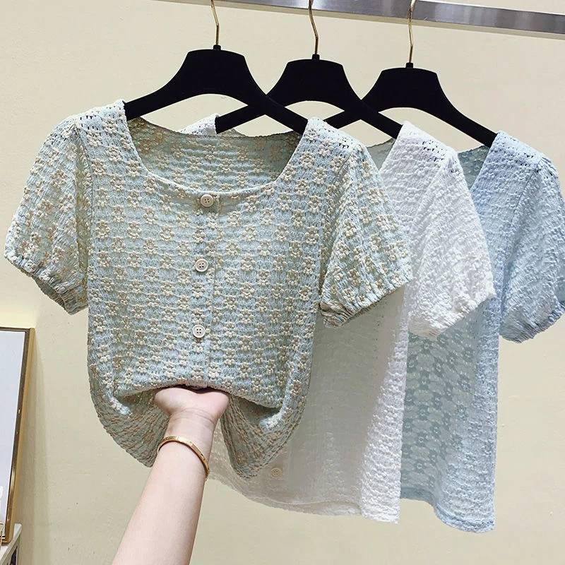 

Summer New Hook Flower Hollow Out Short Sleeve T-Shirt Women's Bubble Sleeve Pleated Short Slim Tee Casual Pullover Tops