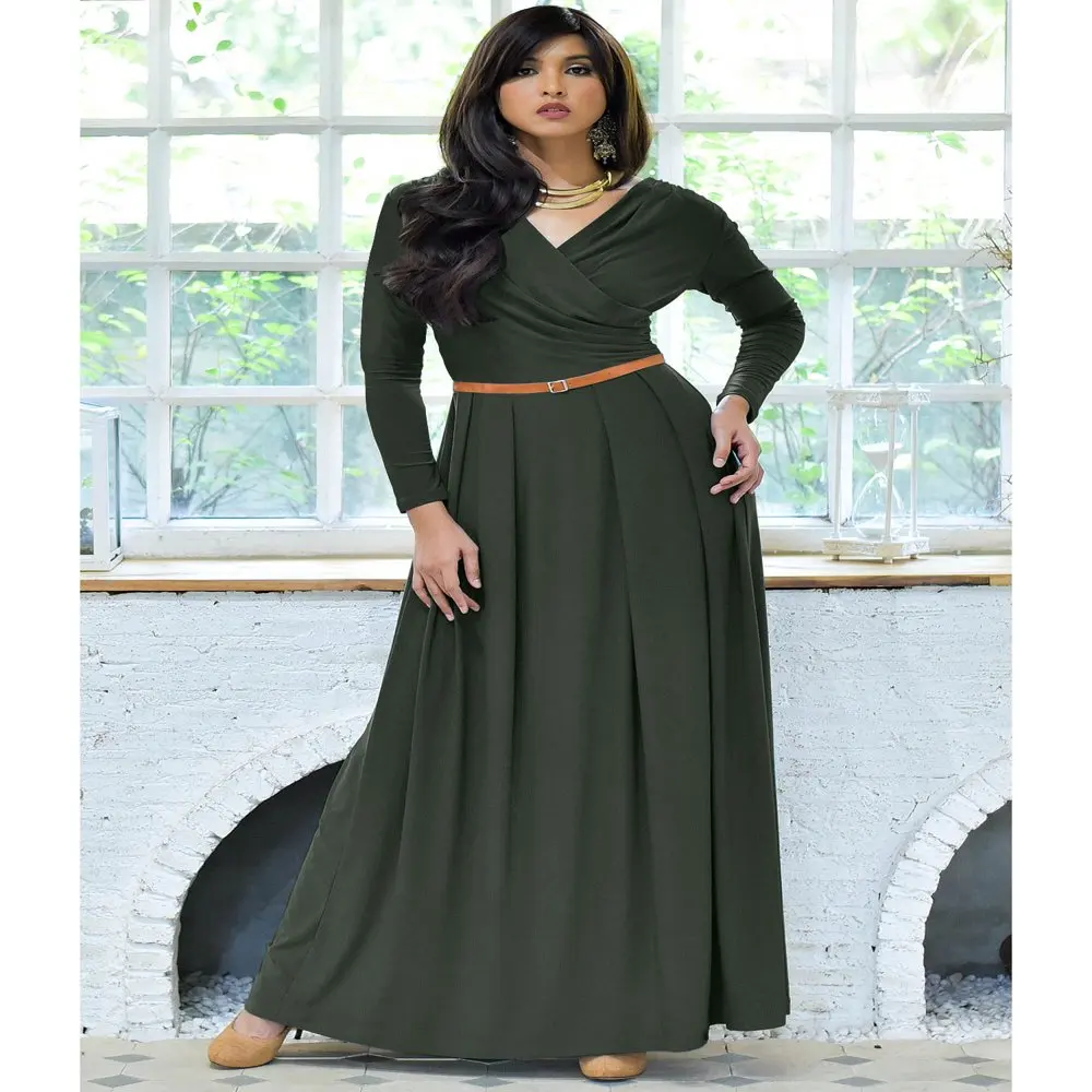 

Long Sleeve Modest Fall Winter Evening Flowy Empire Waist Full Floor Length Cocktail Formal V-Neck Tall Maxi Dress Gown Abaya Fo