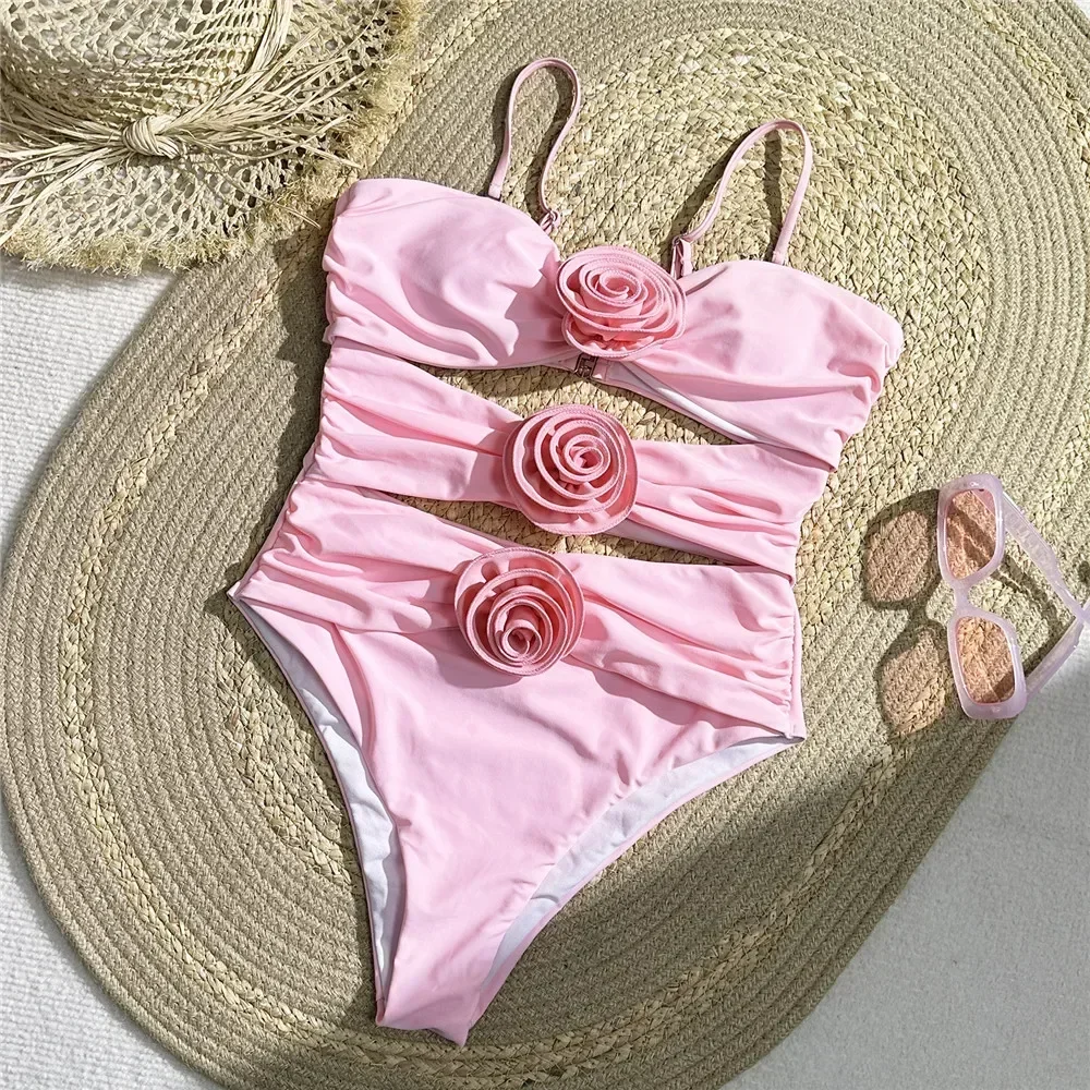 Сексуальный розовый купальник с 3D цветком женский цельный монокини вырезами