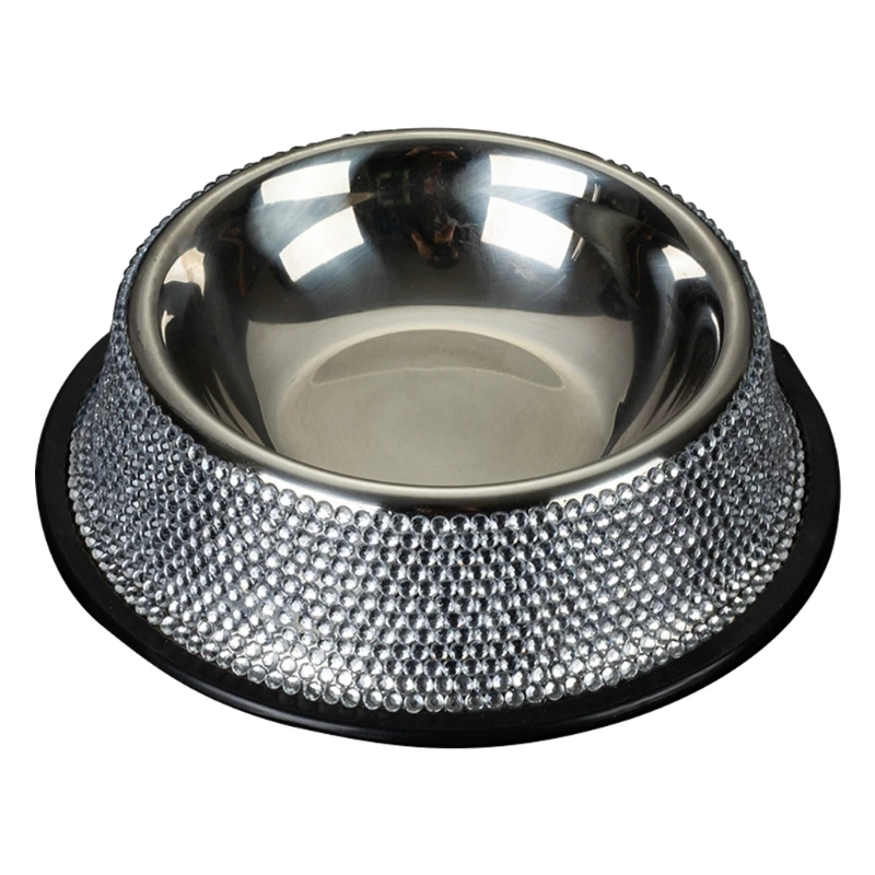 

Stainless Steel Dog Bowl Pet Bowls Food Water Feeder with Rhinestone Non-Skid Rubber Base 2 Colors for Pets Various Dogs