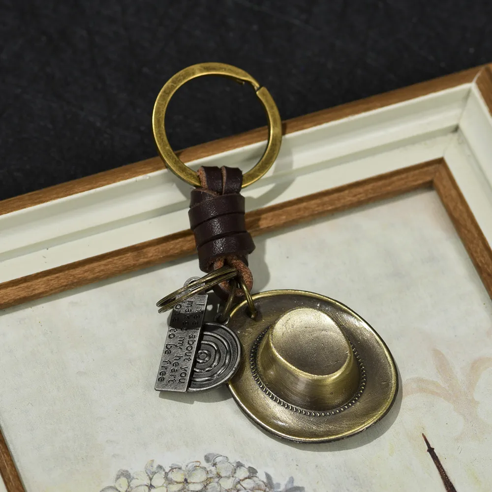 Vintage Cowboy hat cowhide key chain creative small gift hand woven car key pendant accessories