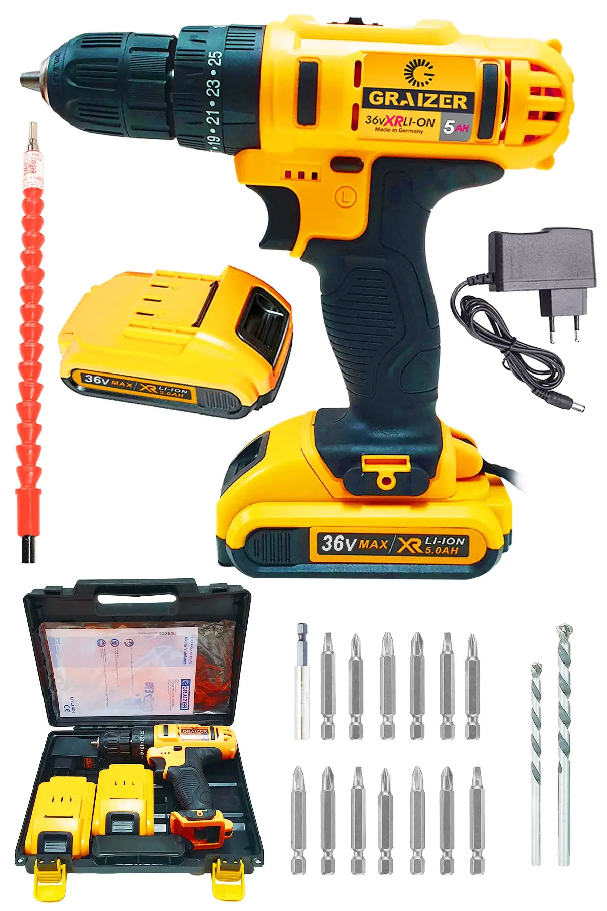 Немецкая ударная металлическая коробка передач, двойная беспроводная аккумуляторная отвертка 36 В 5 Ач + комплект из 17 шт.