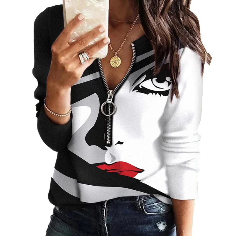 

S-5xl Fashion Zipper T-shirts for Women Long Sleeve Spring Autumn Streetwear Shirt Print Black White Pink Blue Casual Tee Tops