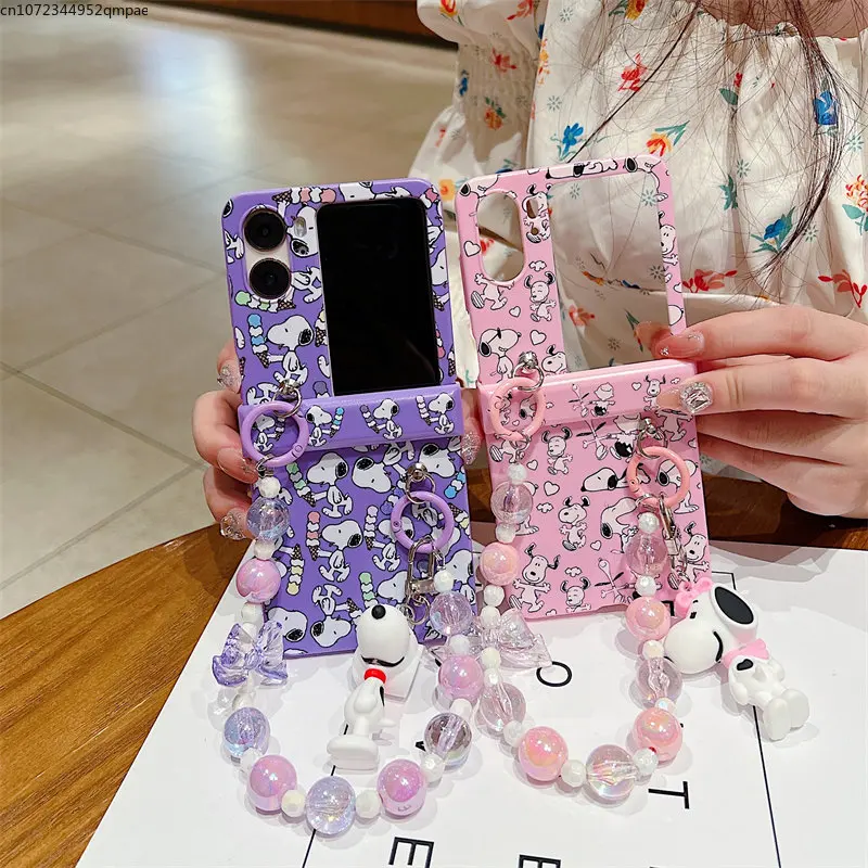 

Cute Cartoon Pink Snoopies with Lanyard Pendant Phone Case for OPPO Find N2 Flip 5G PC Hard Couple Anti-drop Back Cover Coque