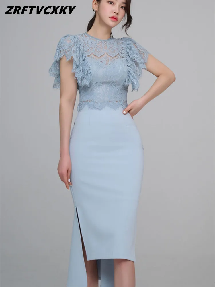 

Женский офисный комплект из 2 предметов, ажурный кружевной топ и дизайнерская Асимметричная юбка-карандаш, простой костюм, повседневная жен...