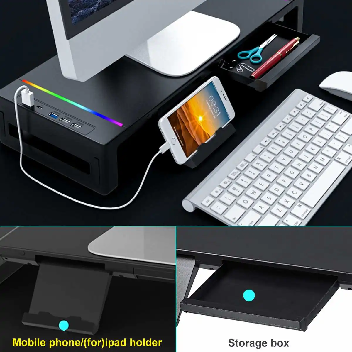 

Подставка для монитора RGB, настольная подставка с 3 USB 3,0 клавиатурой, мышью, полкой для хранения экрана, с зарядным кабелем, держателем для те...