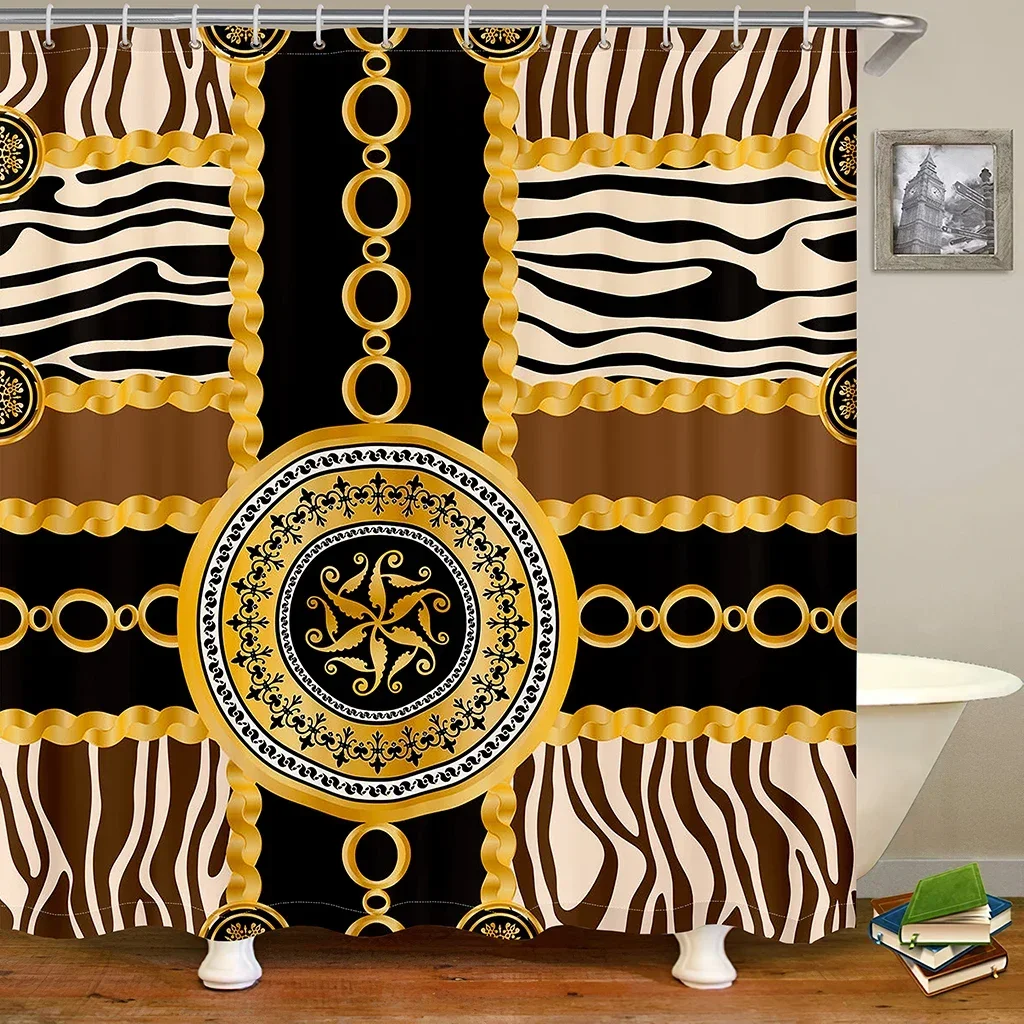 

Striped retro Black Gold Chain Custom Brands Designer Logo Luxury Waterproof Shower Curtain for Bath Bathroom Hom Decor 12 Hooks